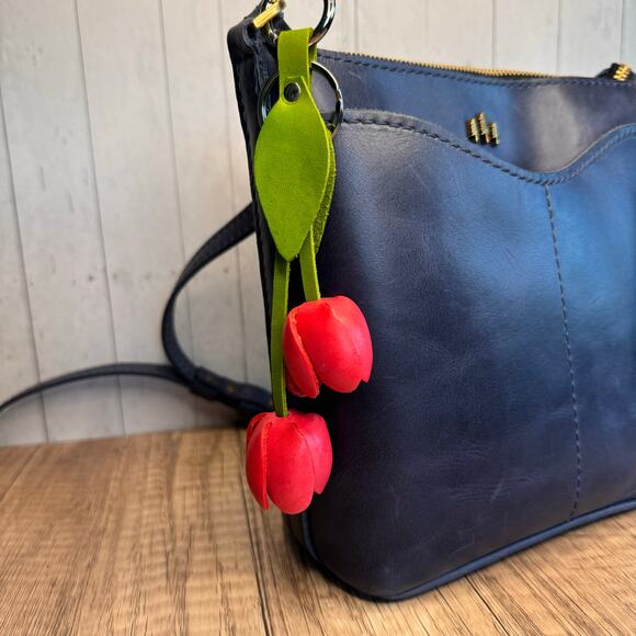 Leather Pretty Pink Tulip Purse Charm Genuine Leather Tulip Flower Bag Charm - Picture 2 of 8